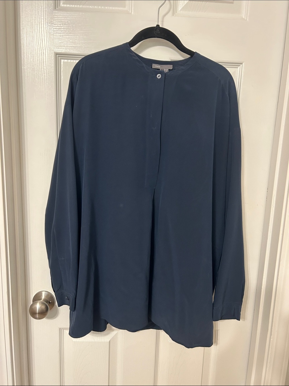 Vince Navy Collarless Silk Oversized Top